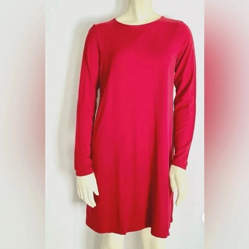 Eileen Fisher Red Dress Viscose Spandex Scoop Neck Long Sleeve slip on size L